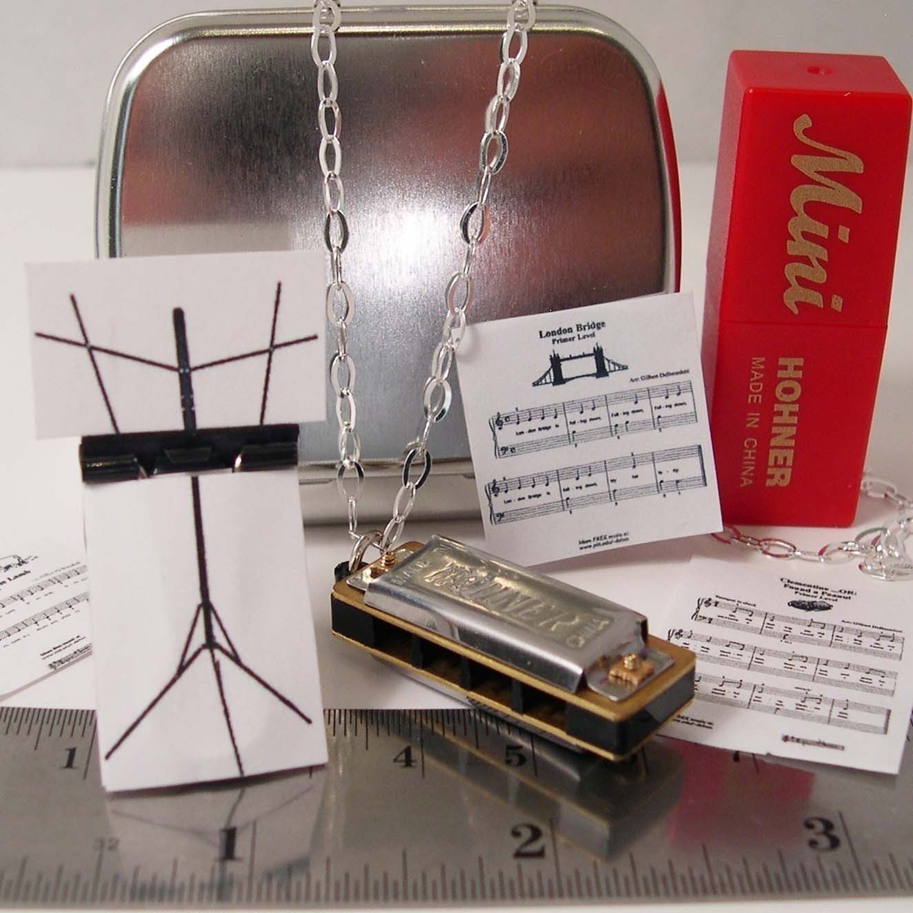 Mini Working Harmonica Necklace with Tiny Music Stand and Ity Bity Sheet Music