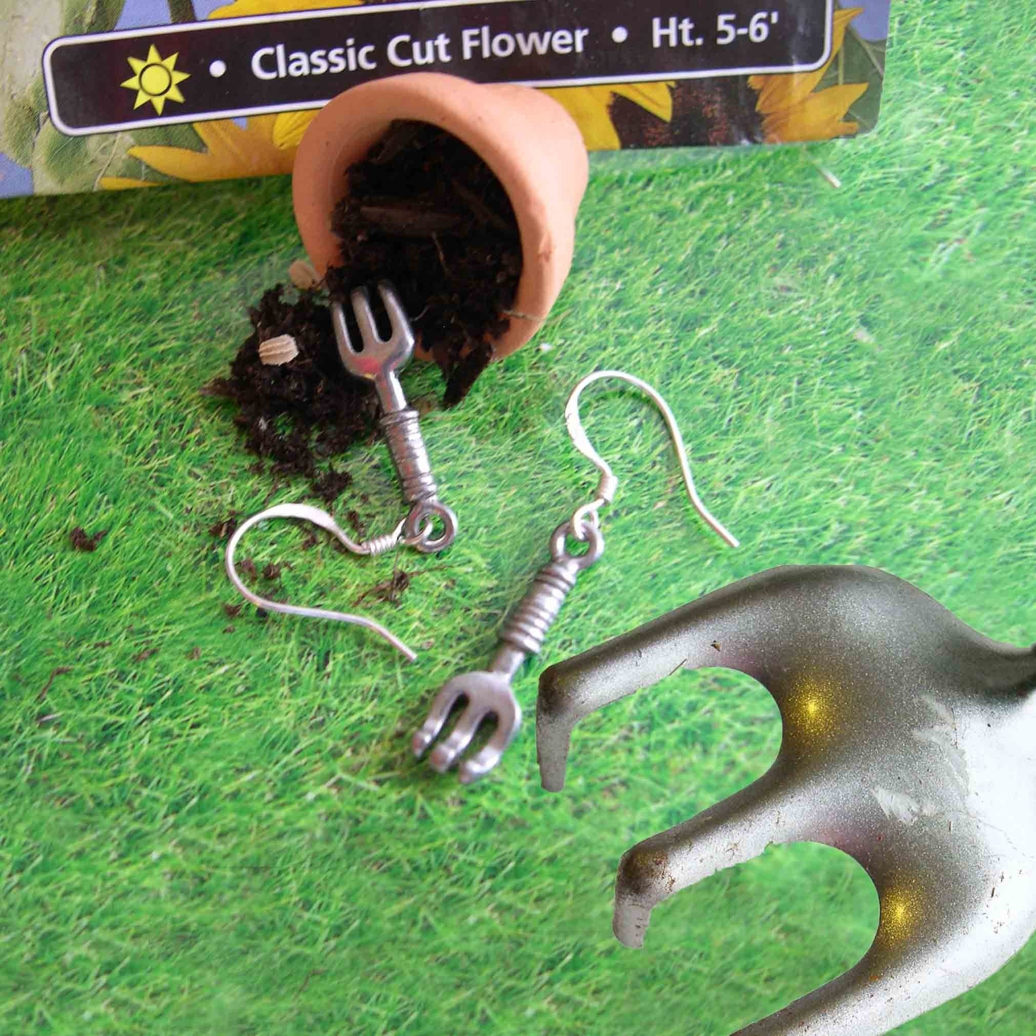 YOU Have a Green Thumb - Mini Working Garden Rake Earrings with Pot and Soil
