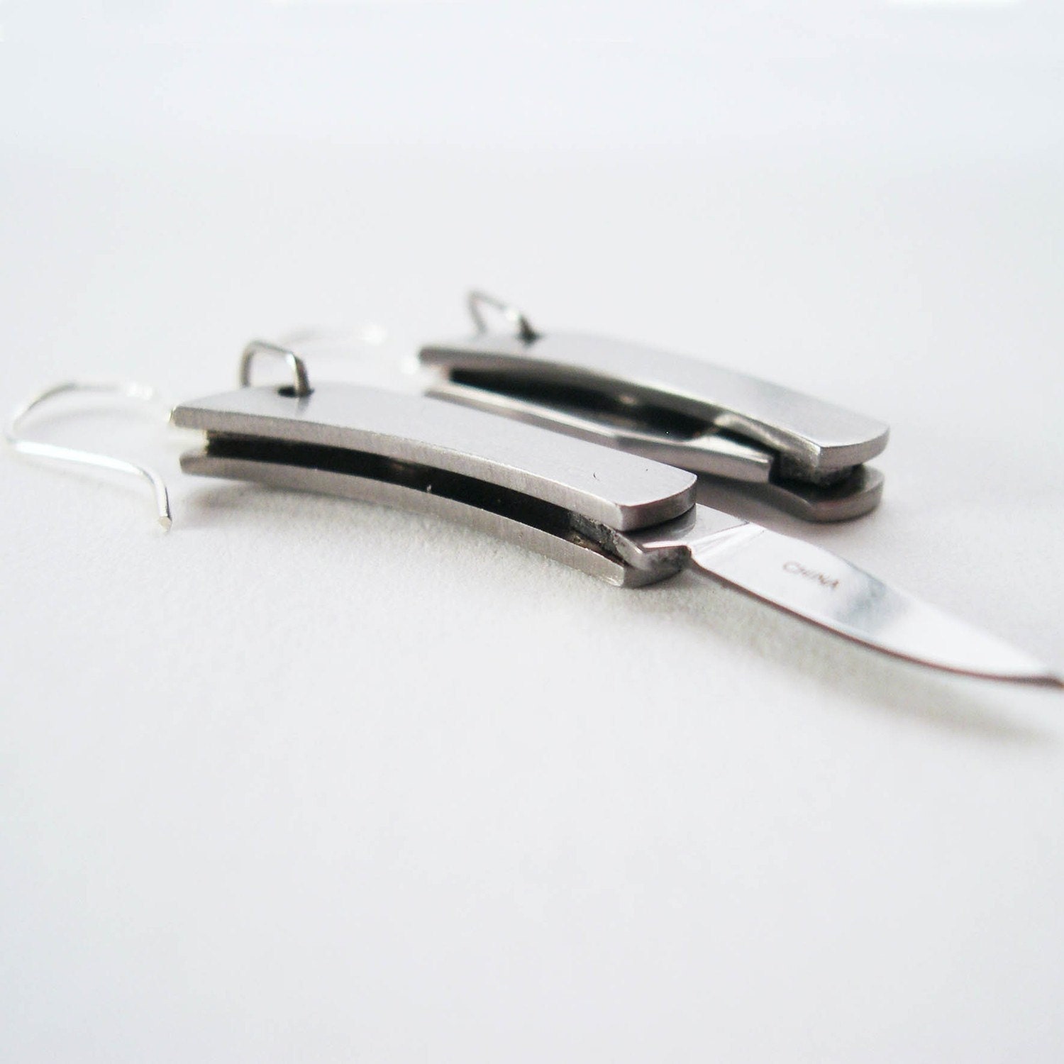 Knife Earrings - Working Sharp Tiny Folding Knives with Sharpener