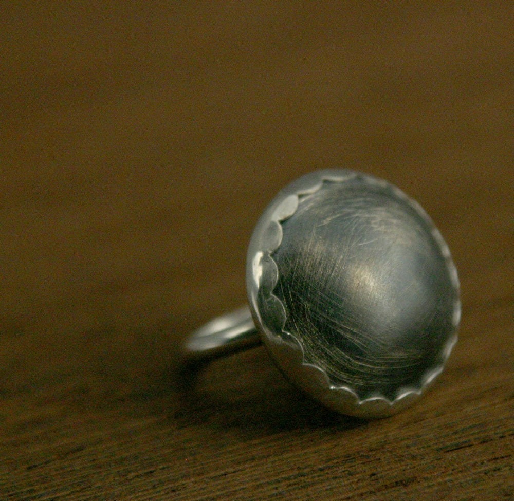 Oxidized Silver Dome Ring, sterling cocktail ring with scalloped bezel