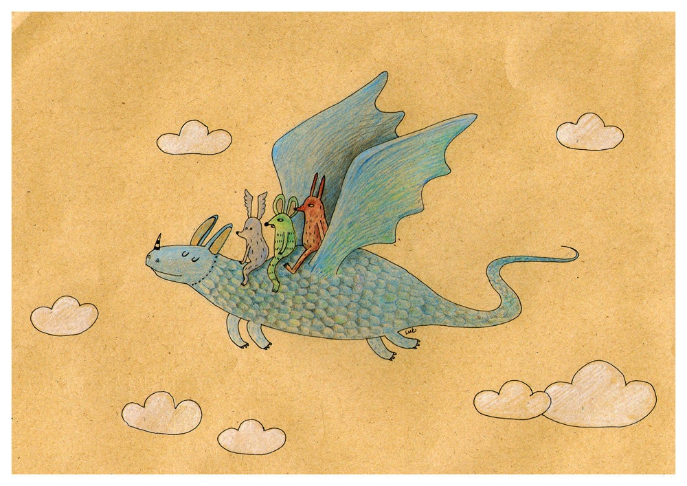 Little flying dragon illustration A4 print