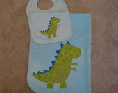 Dinosaur Baby Blanket and Bib Set - Tyrannosaurus Rex Soft Fleece Blanket and Knit Bib
