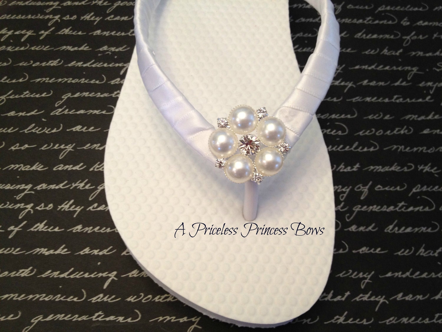 White Satin Wedding Pearl Flip Flops Womens  Bridal Bridesmaid Prom Beach Rhinestone Crystal Embellishment