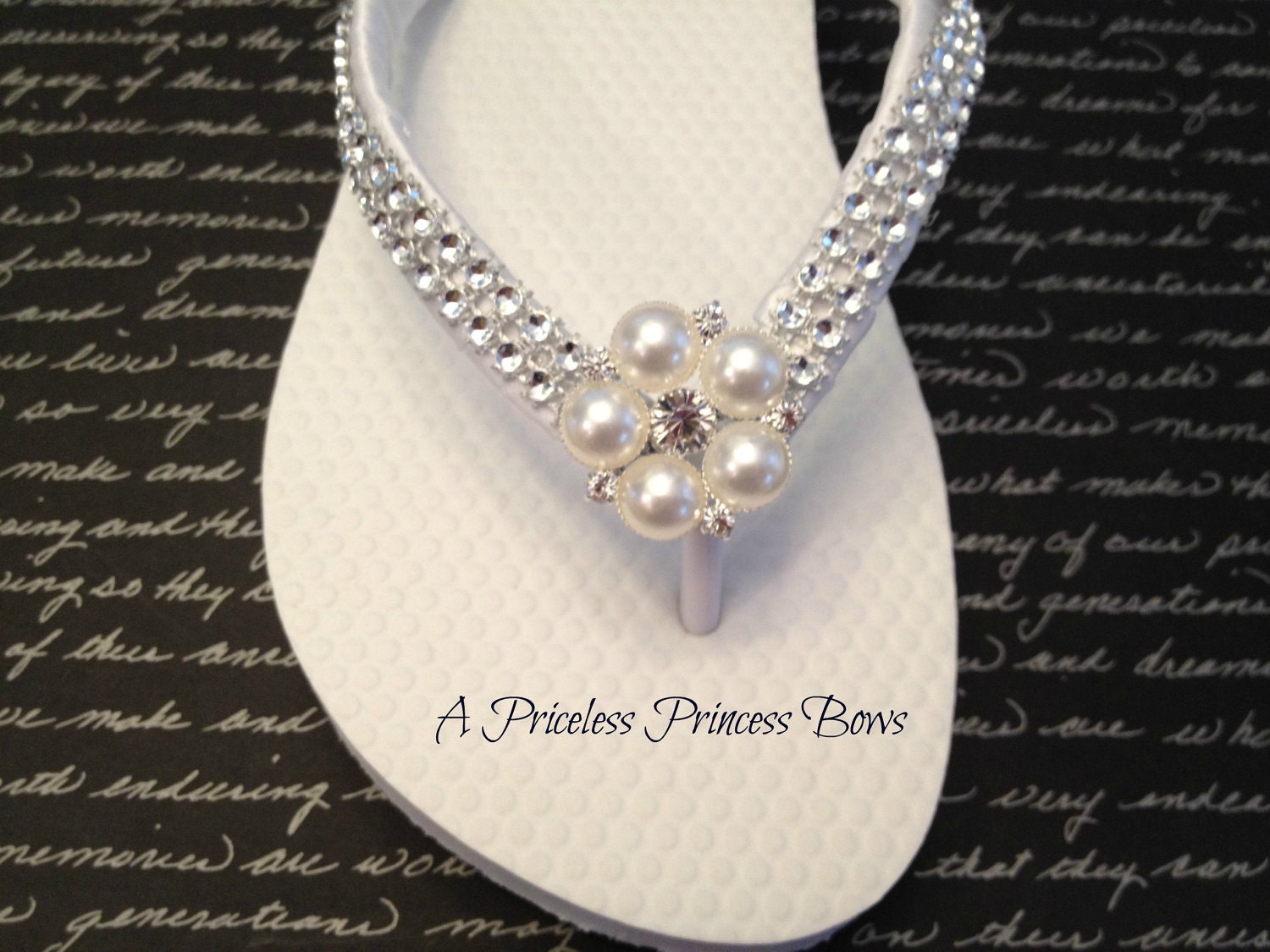 White Satin Wedding Pearl & Bling Flip Flops Womens  Bridal Bridesmaid Prom Beach Rhinestone Crystal Embellishment