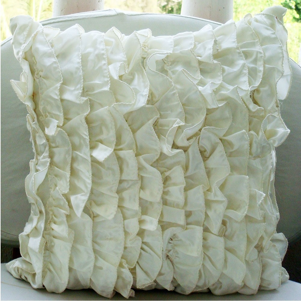 Vintage, Throw Pillow Covers, 18x18 Inches Satin Pillow Cover, Ivory Ruffles Pillow Cover, Decorative Pillow Cover, Ivory Pillow Cover
