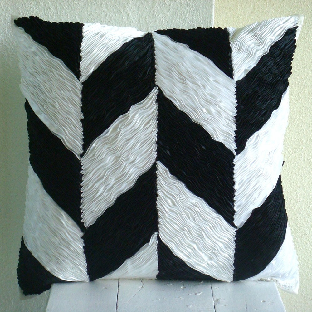 Black N White - Throw Pillow Covers - 16x16 Inches Silk Pillow Cover with Satin Ribbons Embroidery