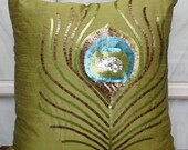 Throw Pillow Covers Accent Pillows Decorative Pillows Pillow Cover 16x16 Inches Silk Pillow Cover Sequin Embroidery Green Peacock Feather