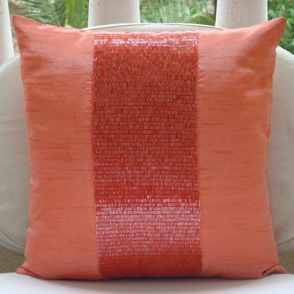 Decorative Throw Pillow Covers 16x16 Silk Bead Embroidered Peach Accent Toss Sofa Couch Bed Pillow Cases Bedroom Home & Living Peachy Orange