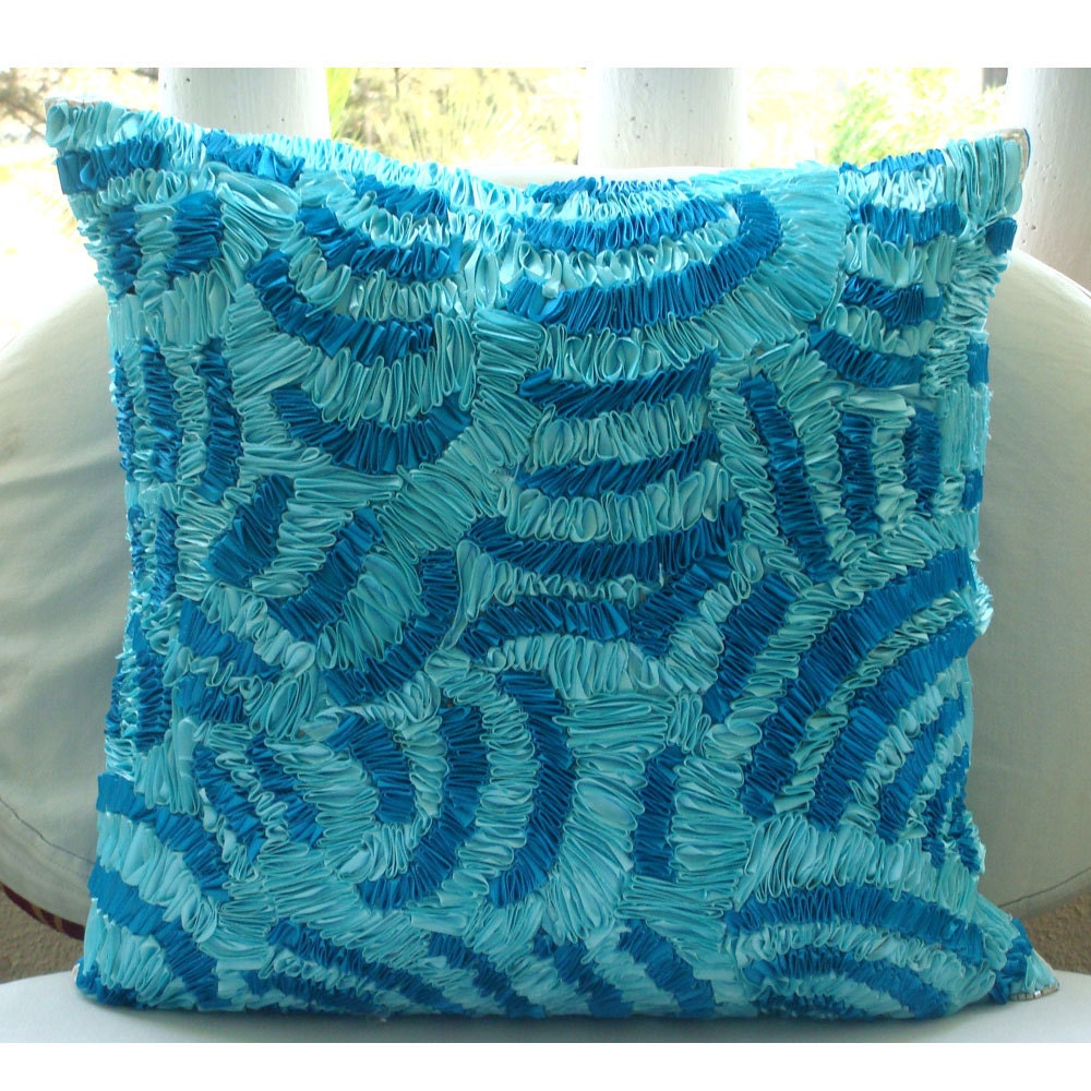 Aqua Ripples - Euro Sham Covers - 26x26 Inches Silk Euro Sham Cover with Satin Ribbon Embroidery