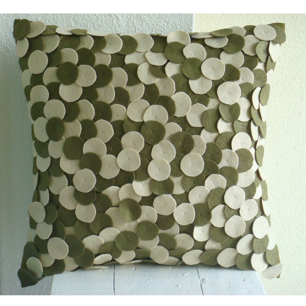 Decorative Throw Pillow Covers 16x16 Inch Olive Green Felt Appliqued Couch Sofa Toss Bed Accent ...
