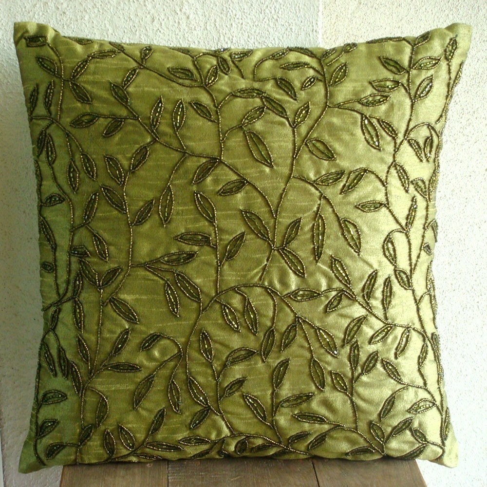Tropical - Throw Pillow Covers - 16x16 Inches Silk Pillow Cover with Bead Embroidery