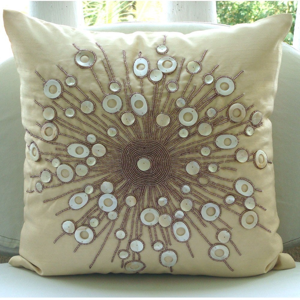 Decorative Throw Pillow Covers Couch Pillows 16 Inch Silk Pillow Cover Accent Pillow Mother Of Pearl Bead Embroidered Moon Glow Home Living