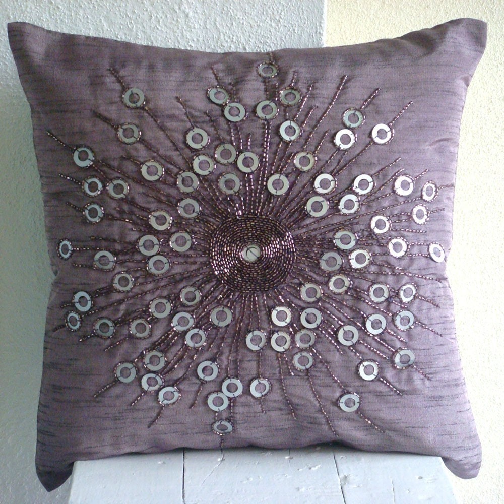 Violet Light - Throw Pillow Covers - 16x16 Inches Silk Pillow Cover Embellished with Sequins And Beads