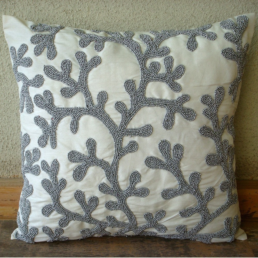 Silver Coral - Throw Pillow Covers - 18x18 Inches Silk Pillow Cover with Matte Silver Bead Embroidery
