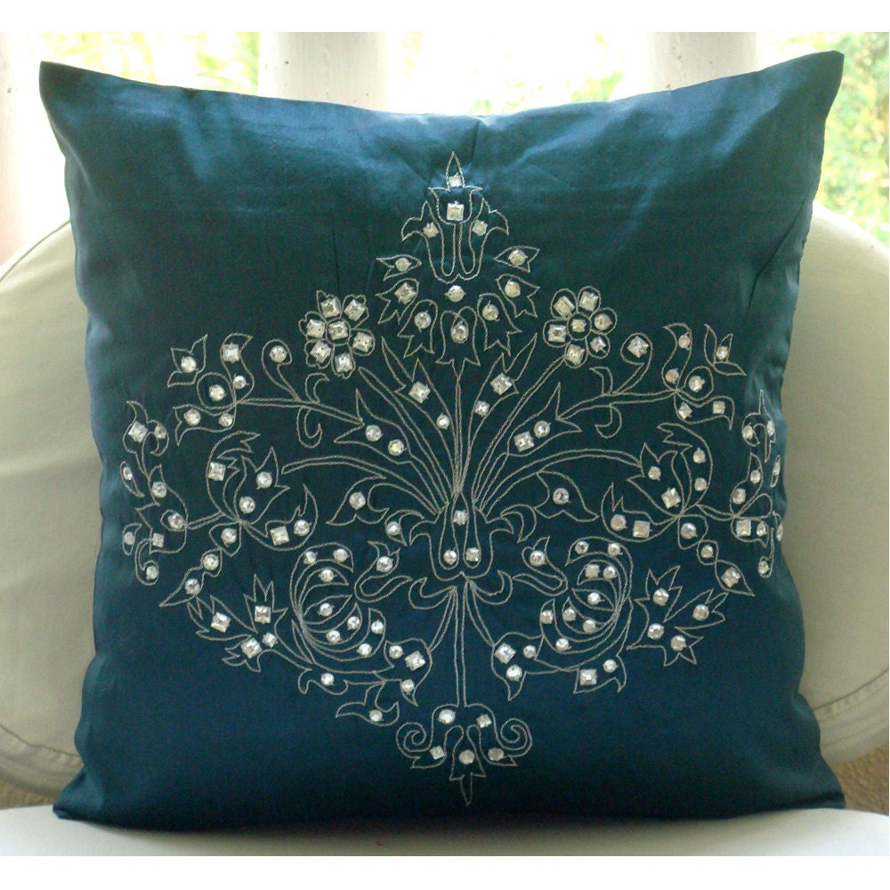 Decorative Throw Pillow Covers Accent Pillow Couch 16 Inch Pillow Cover Damask Embroidered Teal Damask Home Decor Bedroom Bedding Housewares