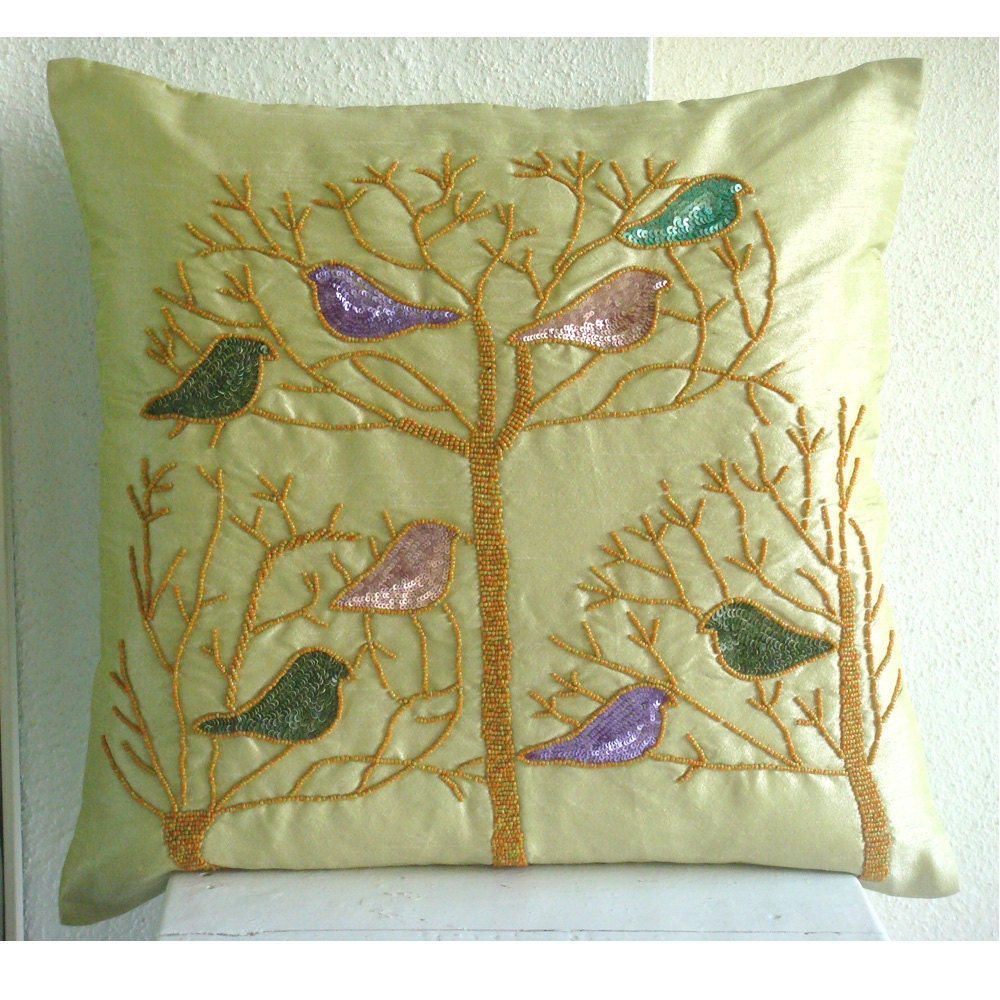 Pigeon Love  - Throw Pillow Covers - 16x16 Inches Silk Pillow Cover with Beads and Sequins
