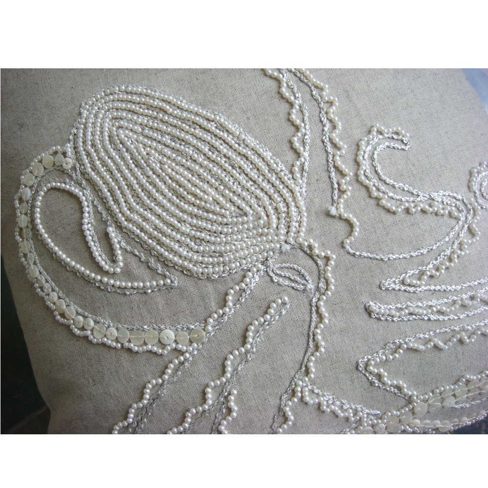 Decorative Throw Pillow Covers Accent Couch Sofa Toss Pillow 16 Inch Linen Pillow Mother Of Pearl Embroidered Bedroom Home Decor - Octopus