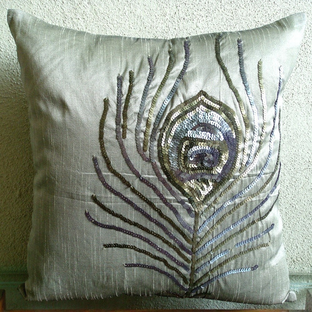 Items similar to Peacock - Throw Pillow Covers - 20x20 Inches Silk Pillow Cover with Sequin ...