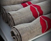 Valentines Day Kissy Lips Napkins in NATURAL Linen Set of 6