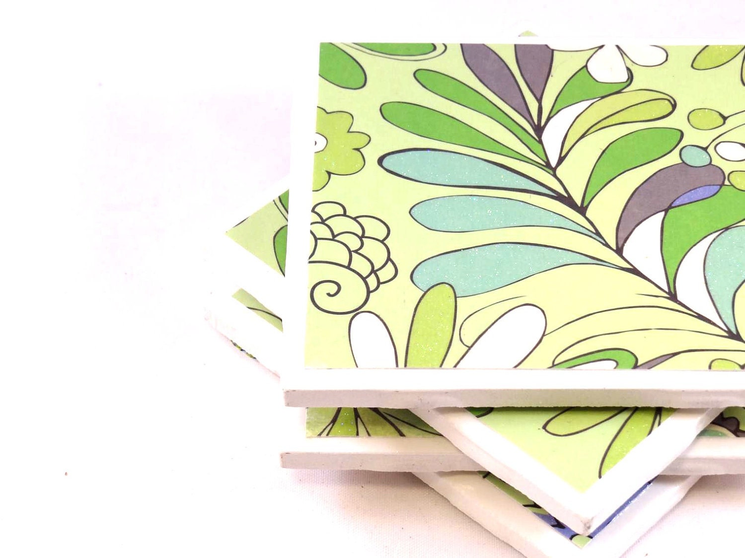 Coasters - Green and Blue Floral - Set of 4 Ceramic Tile Coasters