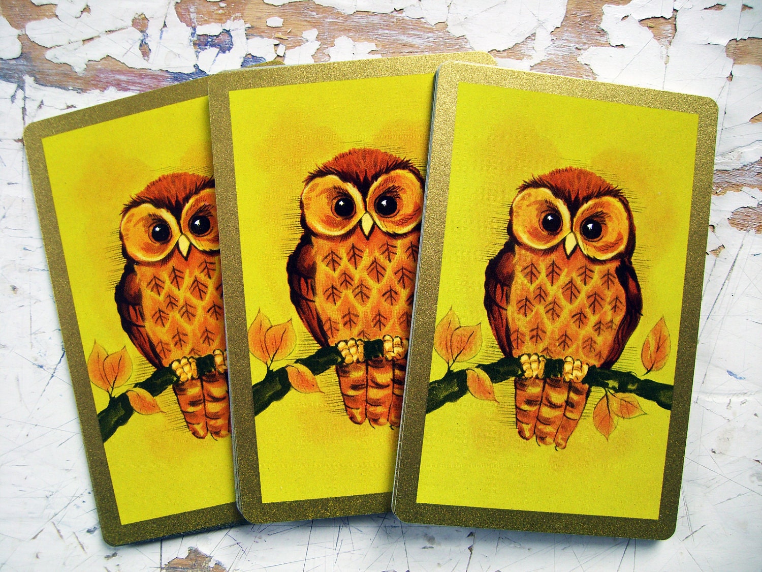 Vintage Owls in Golden Yellow-  Vintage Playing Cards, Set of 6, MINT Condition