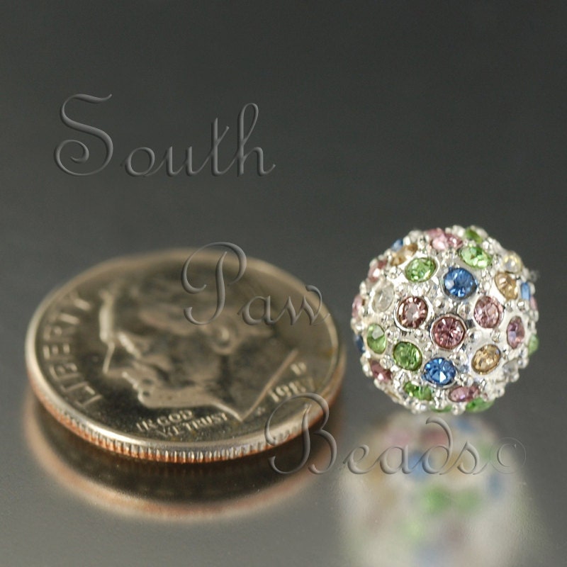 10mm pave crystal bead, Silver with Multi Light Crystals (1)