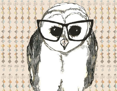 Owl Art  - Black Glasses - Owl Decor - corelladesign