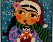 Winter Frida Kahlo in Snow 8x8 Printof folk art painting by LuLu