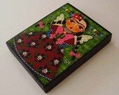 Fiesta Frida Kahlo and Cactus Small 4x5 Wood Block Print by LuLu