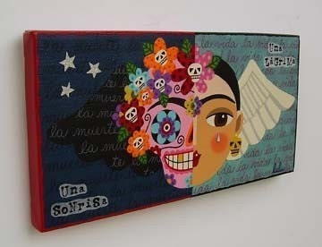 Frida Kahlo Sugar Skull Angel LARGE 5x10 Wood Block Print by LuLu