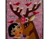 Deer and Red Birds 8x10 PRINT of folk art painting by LuLu