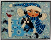 Blue Winter Fairy Black Cat 8x10 PRINT of folk art painting by LuLu