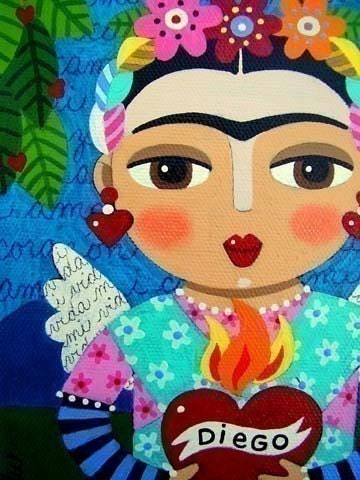 Frida Khalo Flaming Heart Angel 6x8 Print of Folk Art Painting by LuLu