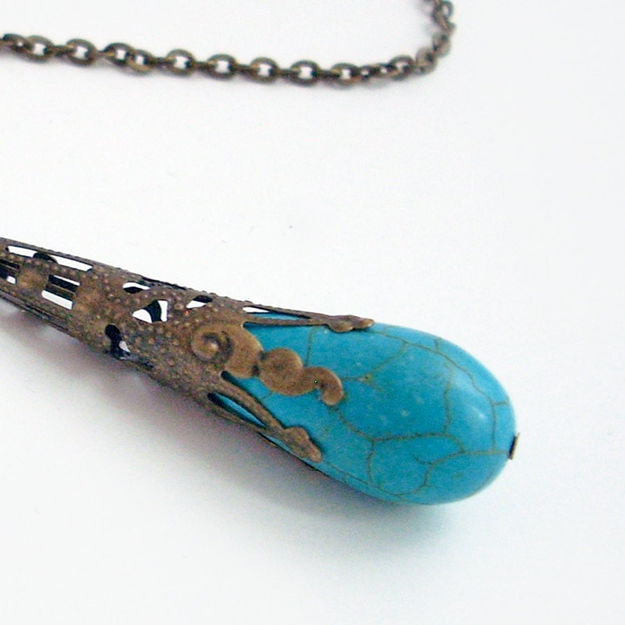 Turquoise Howlite Wrapped in Bronze Filigree - Pendant Necklace Jewelry Jewellery