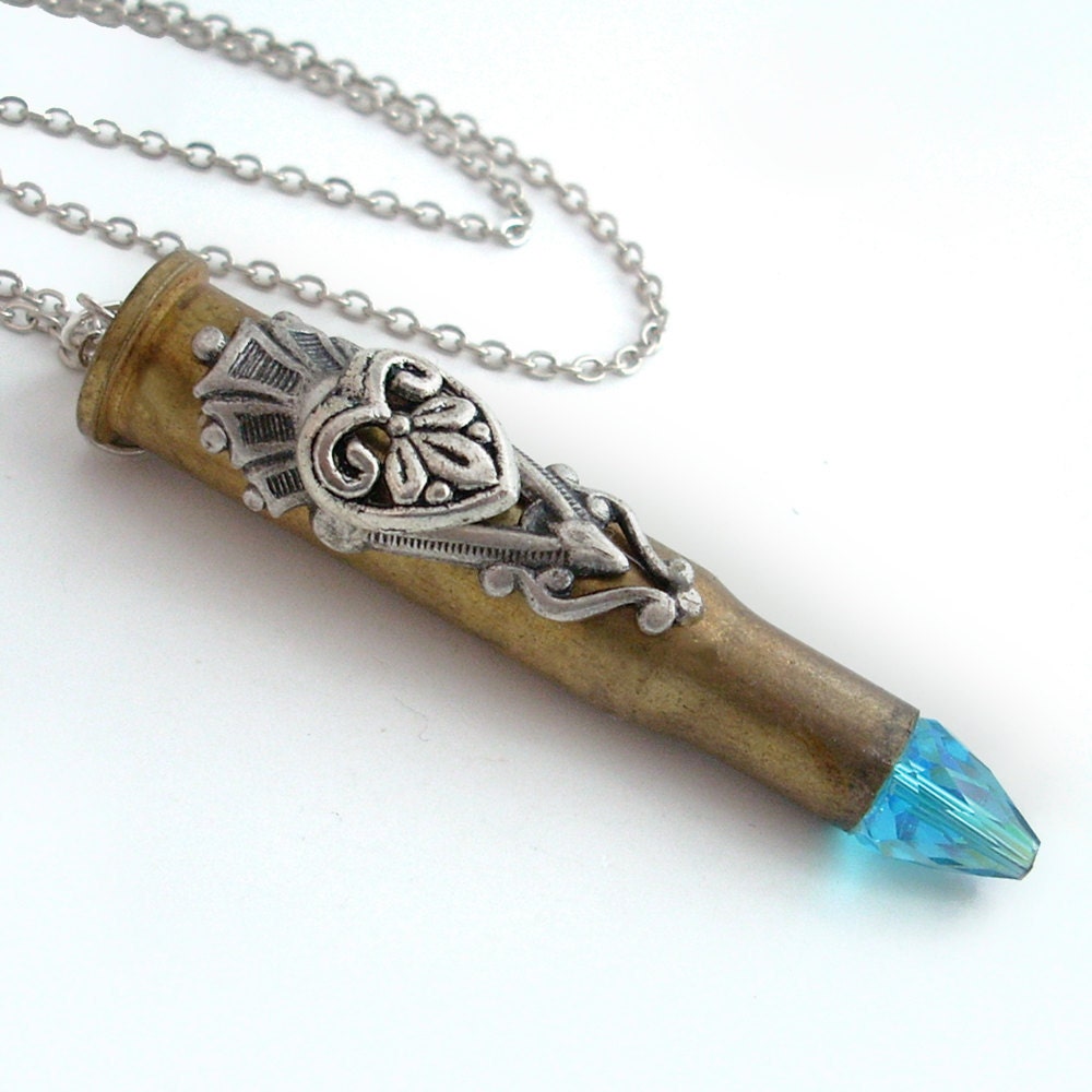Recycled Bullet Pendant Necklace Jewelry - Silver Heart and Aqua Crystal Jewellery