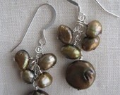 cluster dangle - brown and brass green pearl