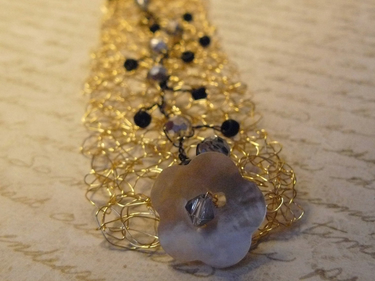 Gold Crochet Bracelet with Black and Silver Crystal Vine - Gift for Mother
