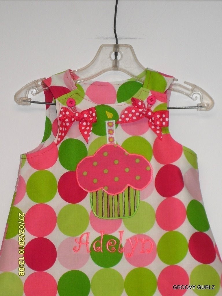 Birthday Dress A LIne Reversible with Cupcake  and Monogram by Groovy Gurlz Available in Sizes 9m, 12m, 18m, 2t, 3t, 4t, 5y, 6y