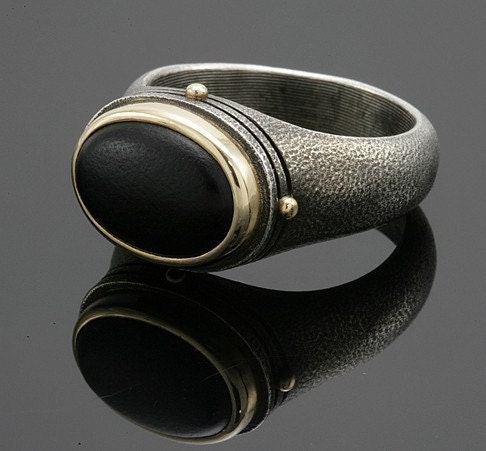 Man's Oval Black Onyx Ring in oxidized, hammered, textured silver and 18K gold.  Made to order. Needs four weeks to complete