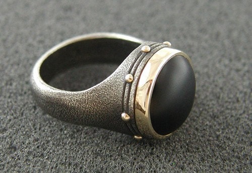 Man's Black Onyx Ring in Silver and 18K Gold.  Hammered, textured, oxidized. Made to order, needs four weeks to complete