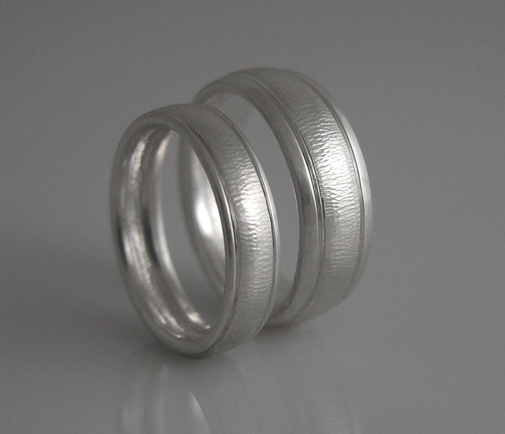 Wedding ring set in white gold. Textured, hammered  5mm and 7mm bands. Made to order in your size