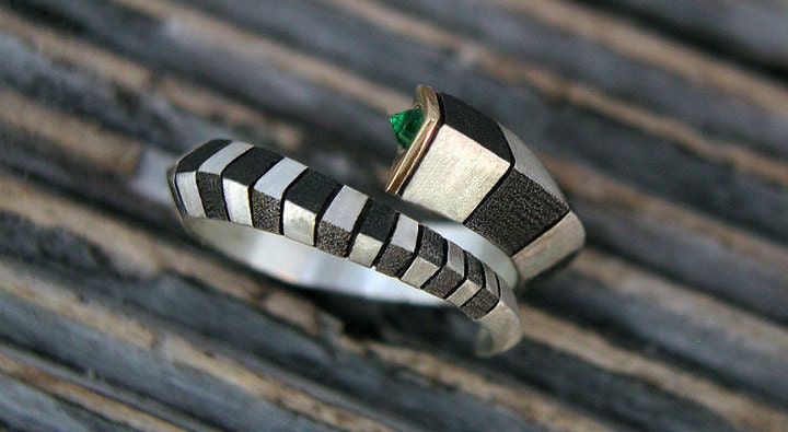 Cleopatra Snake ring with emerald in 18K gold and silver. Made to order, ships in four weeks