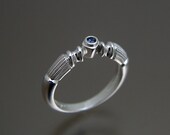 White Gold Engagement Ring in vintage, antique style  with milgrain and blue sapphire. Made to order, needs two weeks to complete