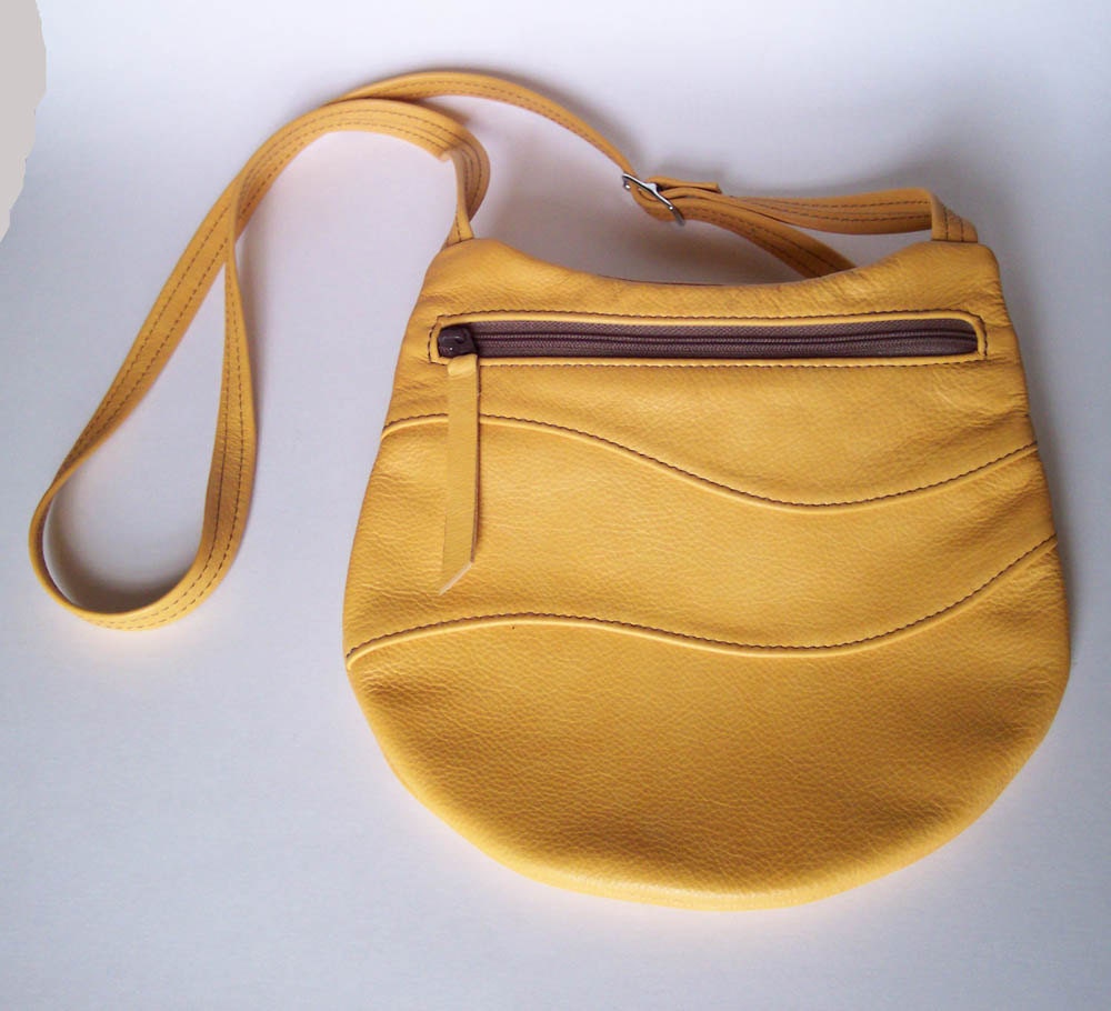 Yellow Leather Purse - Crossbody Style - Large Round