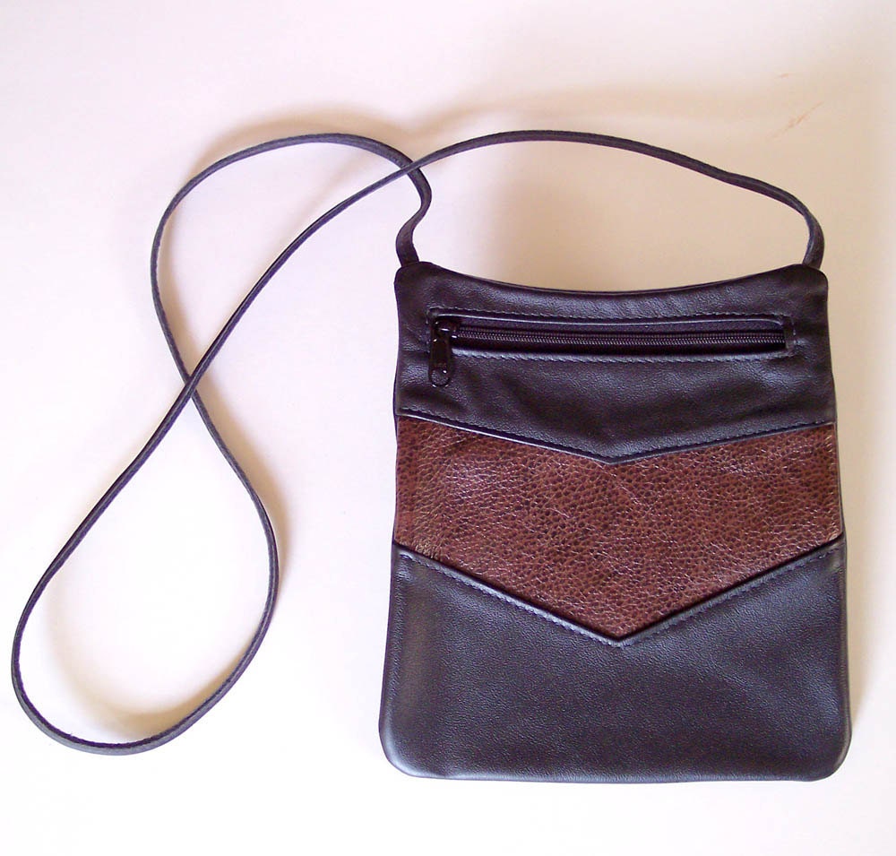 Black Leather Purse Handbag with Brown Inlay - Rectangular Cross Body Style