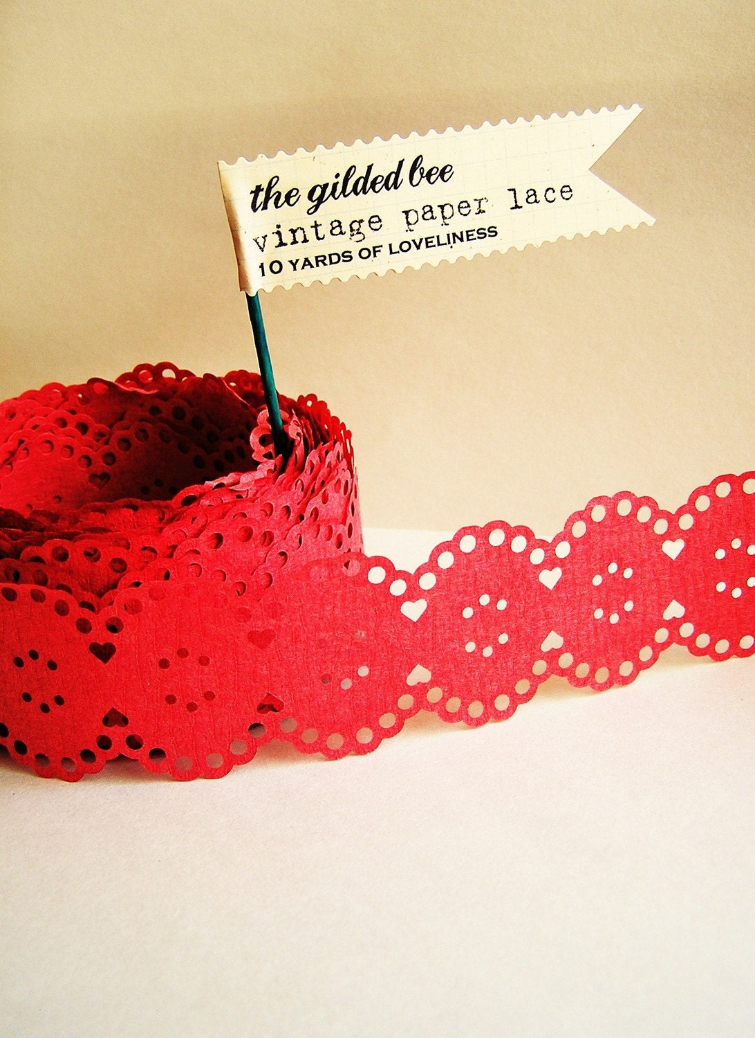Cherry Red Vintage paper lace Ribbon/ trim - for gift wrapping, altered art, scrapbooking, decorating, weddings, party supply, holiday