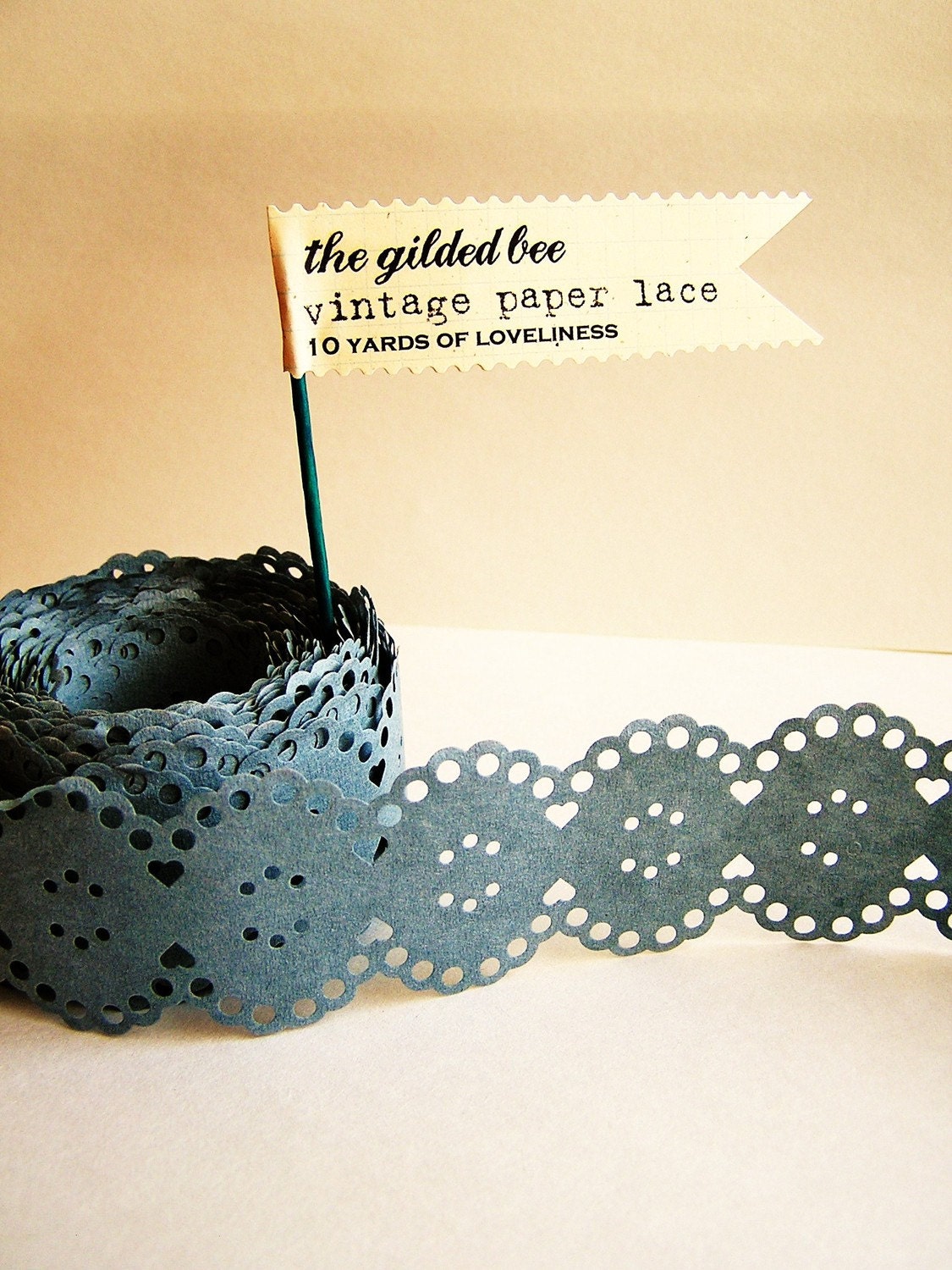 Pewter Blue Vintage paper lace Ribbon/ trim - for gift wrapping, altered art, scrapbooking, decorating, weddings, party supply, holiday