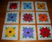 Set of 9 Beautiful Scrappy Zinnia Quilt Blocks
