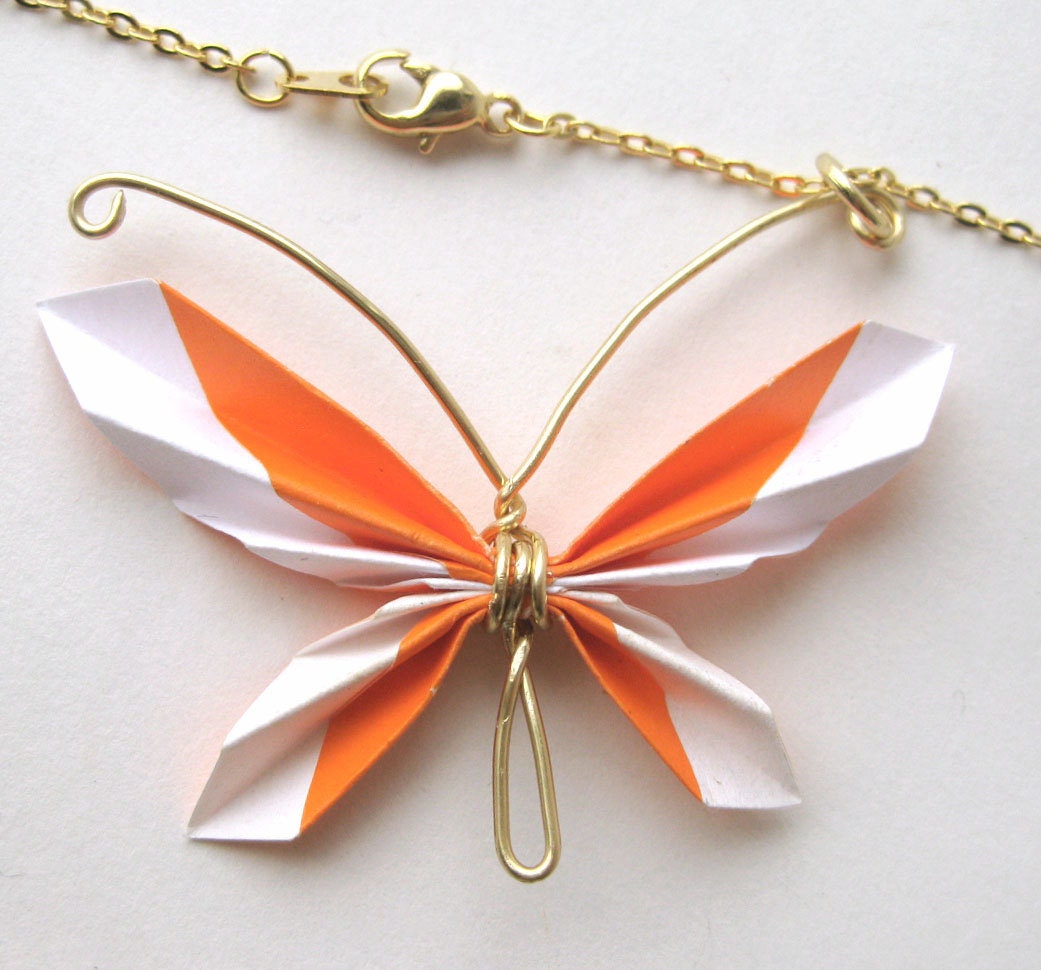 Orange Paper Butterfly Necklace - Durable Origami