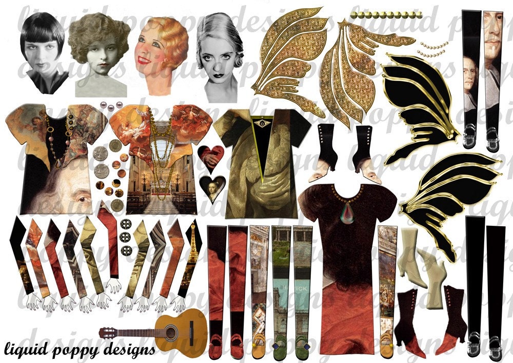 Digital Collage Sheet 104 Altered Art Paper Dolls - Art Masterpieces for scrapbooking, journal and ACEO work as jpegs, pdfs or png files